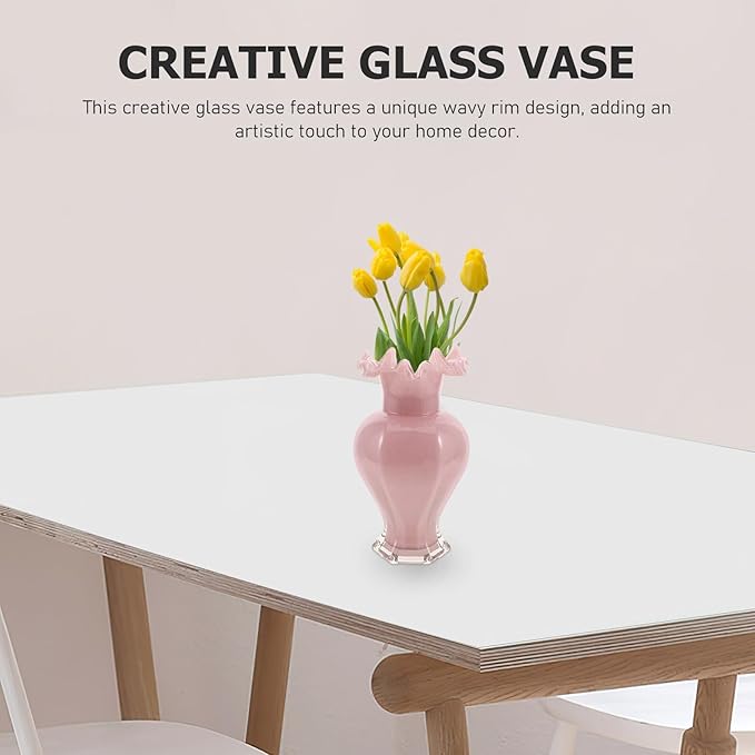 Pearlescent Pink Glass Decorative Vase with Artistic Curved Rim Handblown Artistic Planter for Flower Bouquets Unique Home Accent for Living Dining Table Office and Wedding Decor