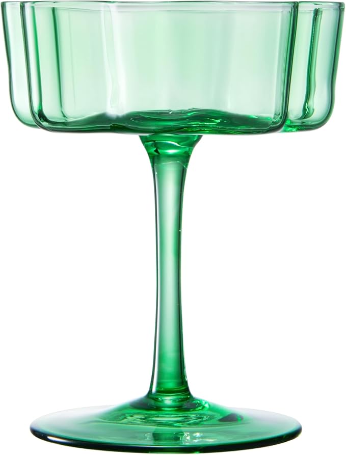 Flower Scalloped Vintage Wavy Petals Wave Glass Coupes 7oz Colorful Martini, Champagne & Cocktails, 2 Sage Green Set Amber Rippled Champagne Glasses, Elegant Bar Glassware, Aesthetic Coupe Glassware