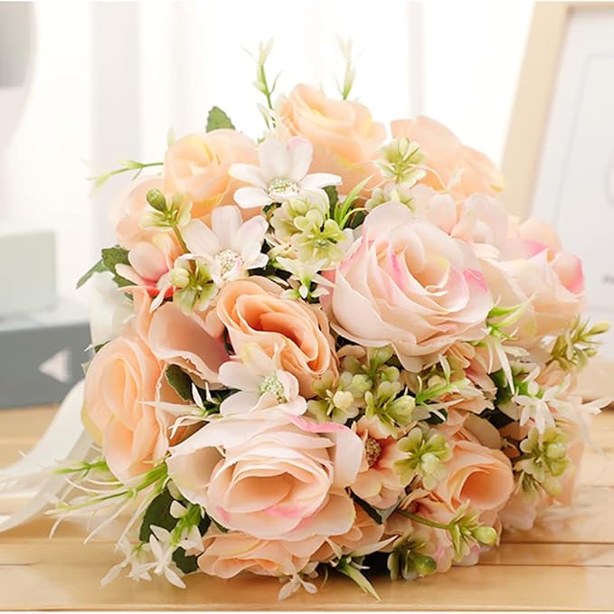 CYANLUX Wedding Bouquets for Bride Bridesmaid Bouquet Champagne White Artificial Roses Flowers for Wedding Valentine's Day Church Home Decoration (Champagne)…
