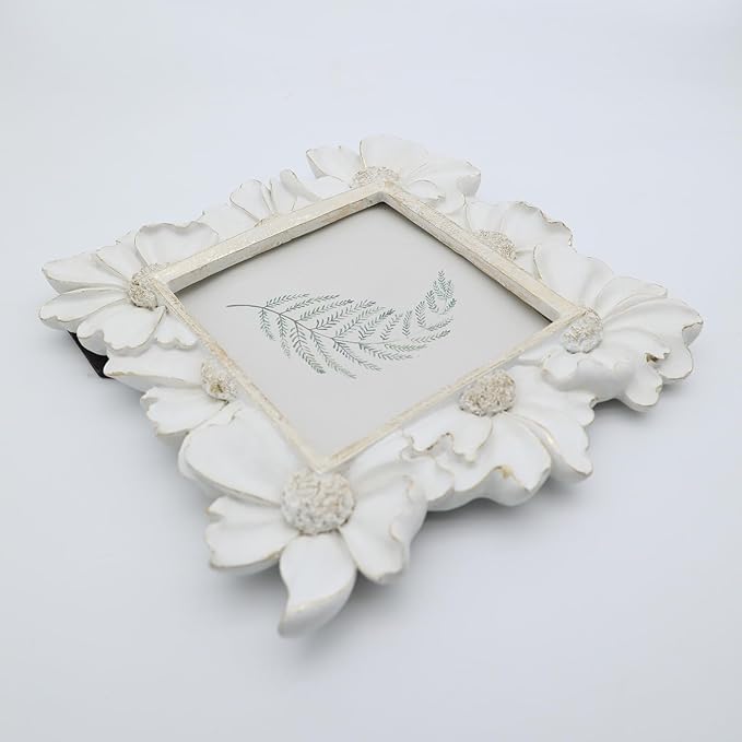 4x4 Small Vintage Picture Frame, Tiny Antique White Ornate Square Photo Frame, for Tabletop and Wall Display, Decorative Floral Design Retro Home Decor, Old Fashioned Photo Gallery Art