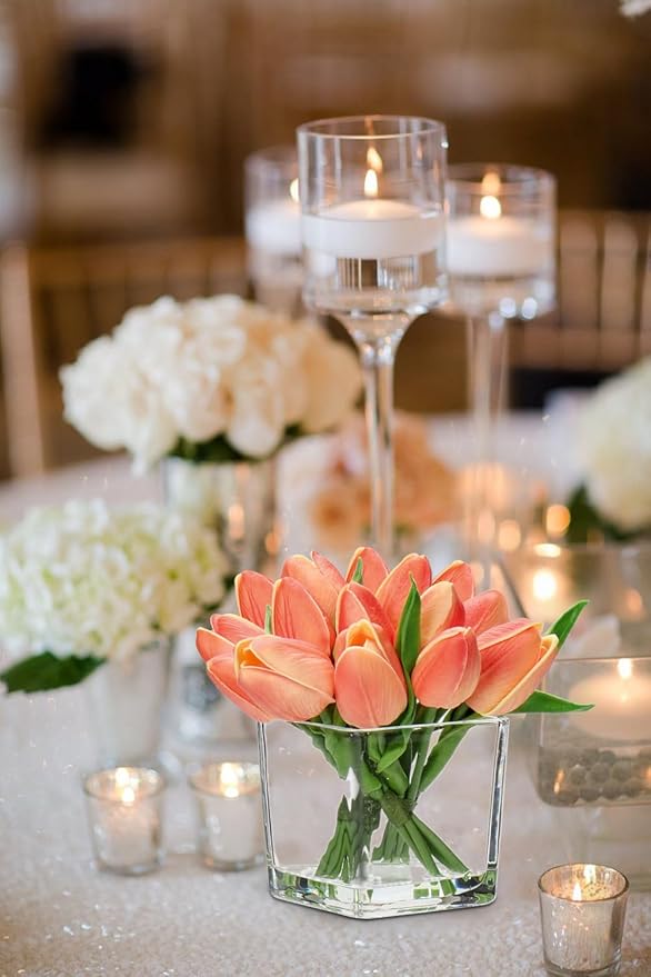 DILATATA Artificial Peach Tulips in Vase with Faux Water 5.5" Real Touch Flowers Fake Tulips Small Flowers Arrangement in Cube Glass Vase for Mother's Day Table Centerpiece Wedding Home Decor