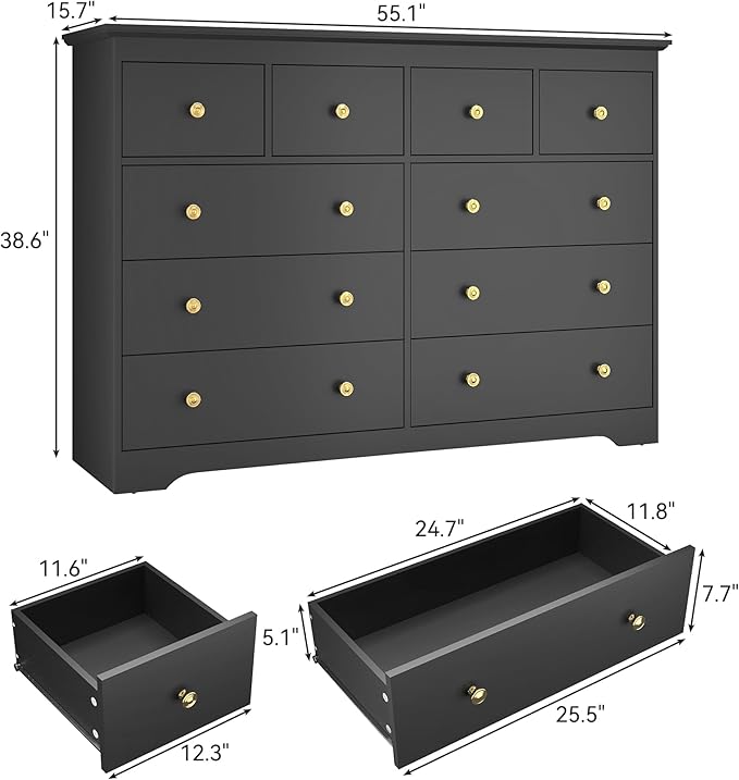 Black Dresser for Bedroom，55" Wide 10 Drawers Dressers,Modern Wooden Chest for Living Room, Hallway