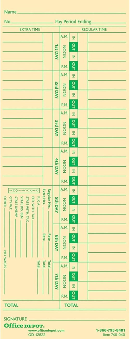 Office Depot Time Cards - Biweekly 2-Sided Time Tracking | 3 3/8in. x 8 7/8in. Manila, Pack of 100