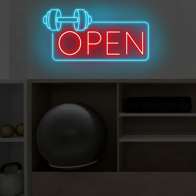 Gym Fitness Open Neon Sign, Dumbbell Open Led Sign, Weightlifting Led Light, Barbell Neon Light, Gym Open Wall Art Decor, House Wall Sign Decor for Business Window Open Signs, Fitness Club Decor