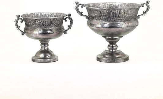 Set of Metal Urn Vase Planters in Antique Finish and Classical Vintage Designs (Pomona Silver)