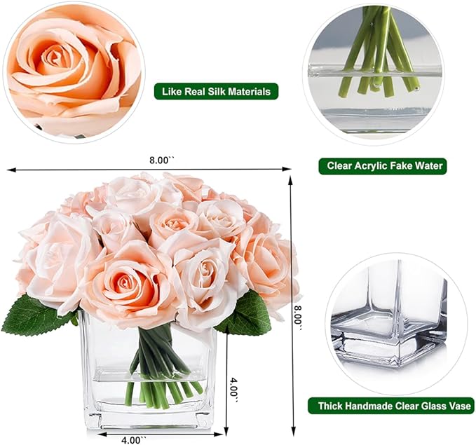 18 Heads Rose Faux Flowers in Vase, Aritificail Rose Floral Arrangement with Vase for Dining Table, Bedroom, Wedding Decor (Champagne)