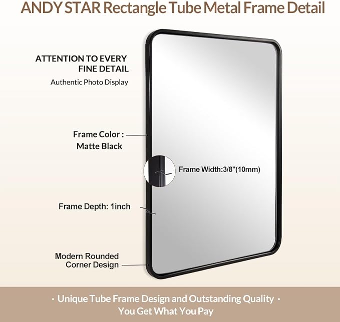ANDY STAR 24x36‘’ Black Bathroom Mirror Over Sinks, Rounded Rectangle Mirrors for Bathroom Vanity Tube Metal Framed Wall-Mounted Vertical/Horizontal for Home Remodel