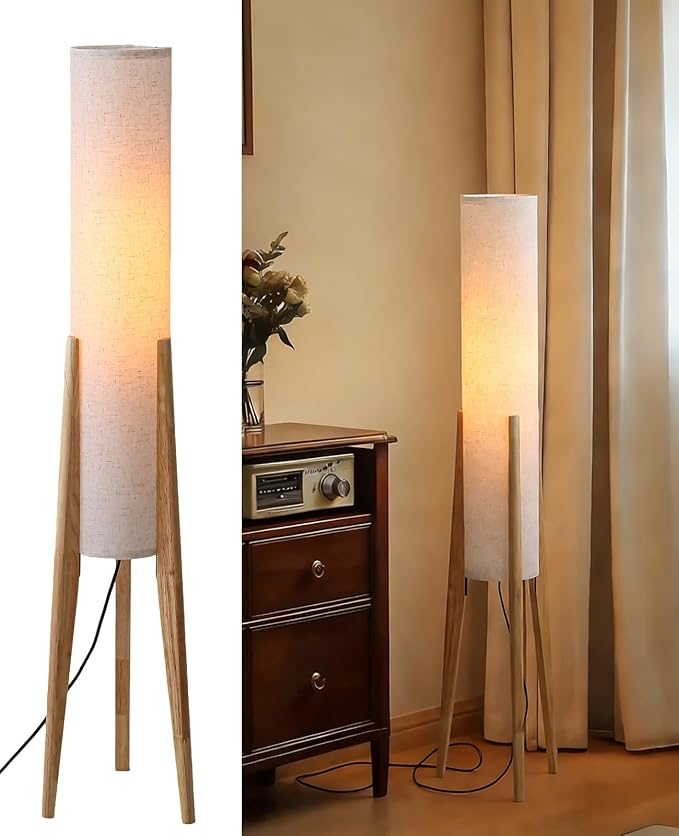 Natural Wood Tripod Floor Lamp, 48.8 in High Vintage Style Cylinder Floor Lamp with White Fabric Lampshade, Mid Century Modern Floor Lamp for Bedroom Living Room Home Office (Natural)