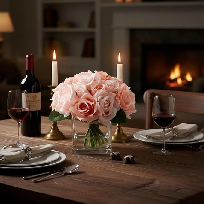 18 Heads Rose Faux Flowers in Vase, Aritificail Rose Floral Arrangement with Vase for Dining Table, Bedroom, Wedding Decor (Champagne)