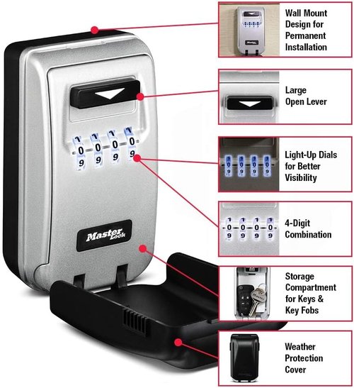 Master Lock 5425D Wall Mount Lock Box - Set Your Own Combination, Light-Up Dials, 6 Key Capacity, Black