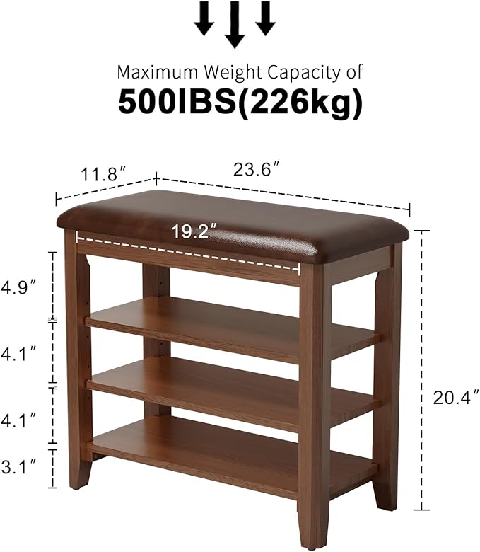AQIMUELE Shoe Bench with Leather Cushion, 3 Tiers Shoe Storage Bench Height Adjustable, Walnut Wood Entryway Bench for Hallway, Mudroom