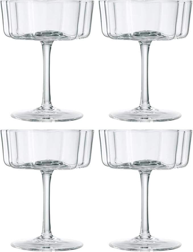 Flower Scalloped Vintage Wavy Petals Wave Glass Coupes 7oz Colorful Martini, Champagne & Cocktails, 4 Set Clear Rippled Champagne Glasses, Elegant Bar Glassware, Unique Aesthetic Coupe Glassware Gifts