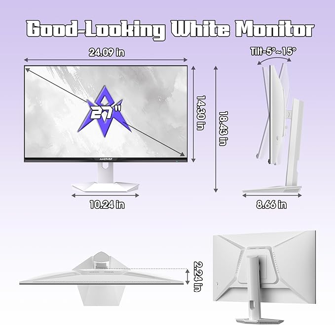 Amzfast 27 inch 1440P 200Hz/180Hz White Gaming Monitor, 2K QHD (2560 ×1440),MPRT 1ms Fast IPS | HDR400 & TÜV Rheinland Eye Care & 12 Months Exchange (HDMI & DP Cable)