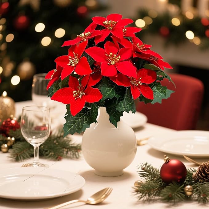 8 Pack 5 Heads Christmas Artificial Poinsettia Flowers Faux Poinsettia Bush Bouquets Silk Poinsettia Christmas Tree Ornaments Poinsettia Flower Arrangement for Home Decor