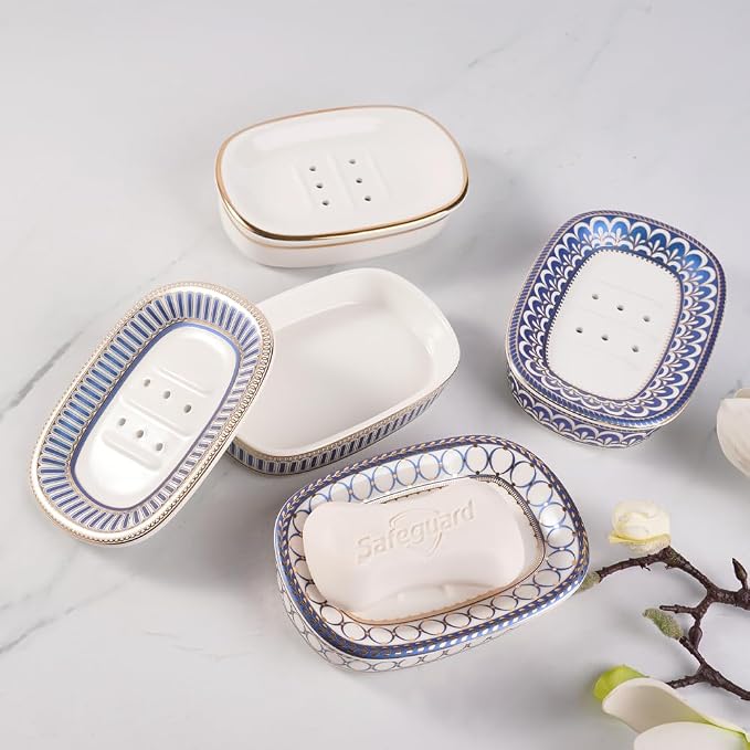 Self Draining Soap Dish, Double-Layer Bar Soap Tray, White Ceramic Soap Dish with Elegant Patterns (Style C)