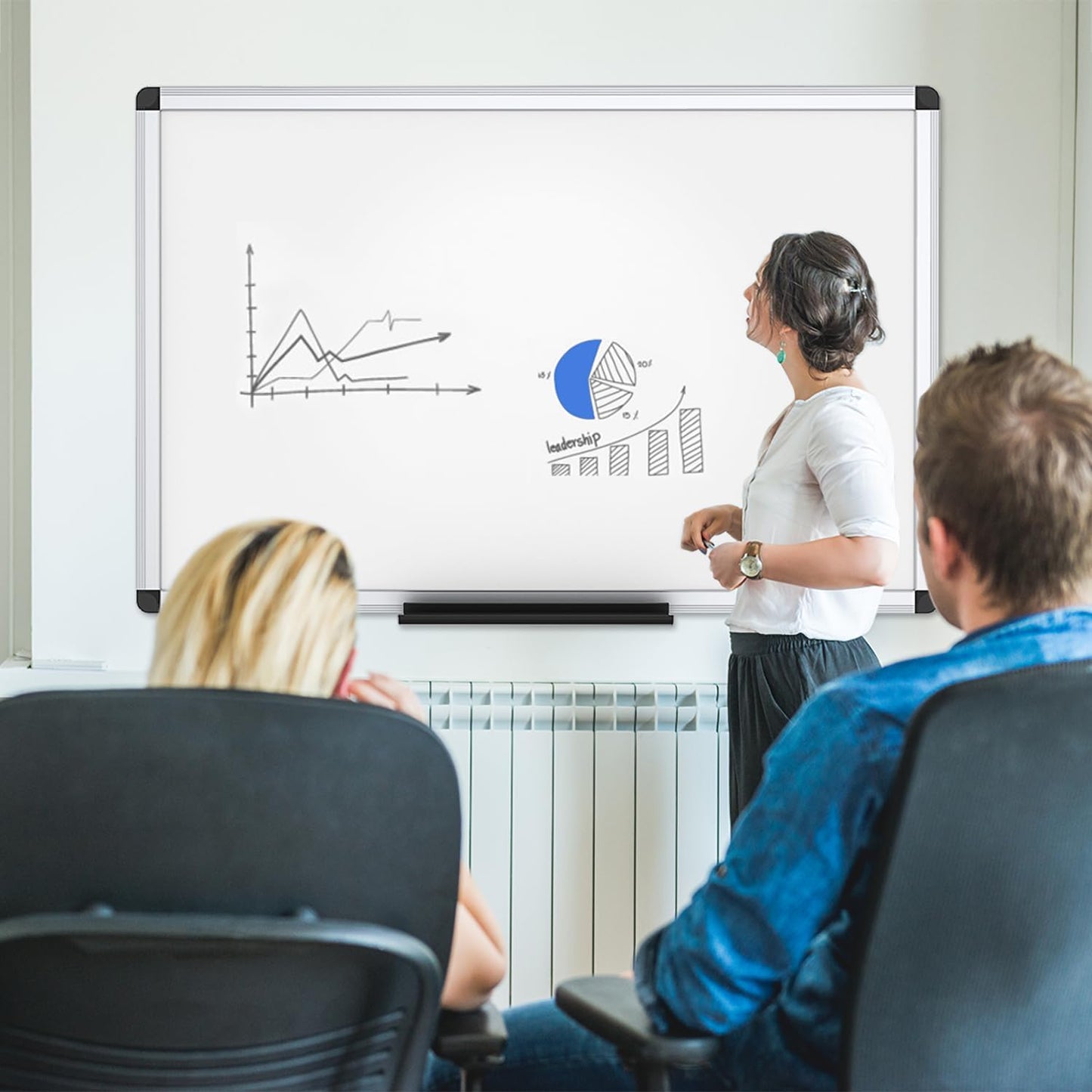 VIZ-PRO Magnetic Dry Erase Board - 36" X 24" with Silver Aluminum Frame & 3 Colored Erasers