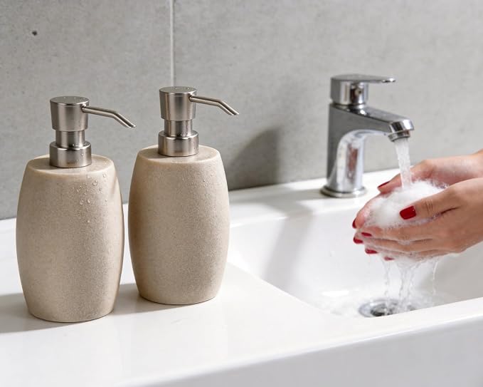 Clasin Home Sandstone Textured Resin Soap Dispenser with Metallic Pump and Waterproof Bottle Labels for Bathroom Kitchen Dish Hand Wash Shower Lotion Shampoo, 12 Oz, Beige