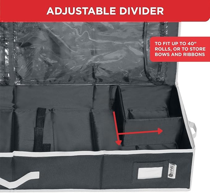HOLDN' STORAGE Premium Wrapping Paper Storage Container - Durable 600D Tear-Proof, Fits 27 Rolls Gift Wrap, Extra Pockets for Ribbons & Bows, Underbed Storage - Ideal for Holiday Christmas, Black/White Trim
