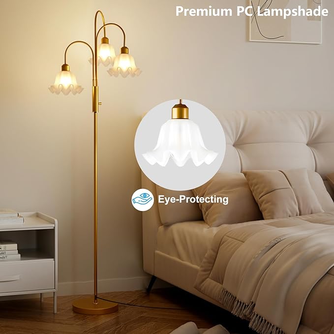 Lightdot 70IN Flower Floor Lamp for Living Room, 3 Light Dimmable Tree Floor Lamps with Bulb Included for Wedding/Party, Unique Floral Tall Lamp with 5Lbs Heavy Base for Bedroom/Sofa Beside-Gold