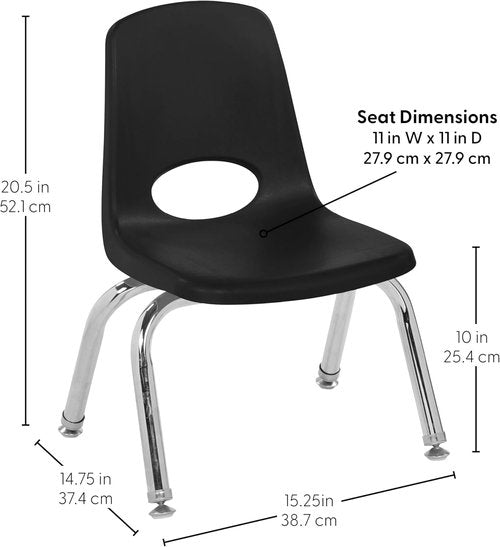 FDP 10" School Stack Chair - Stacking Student Seat with Chromed Steel Legs | Black (6-Pack)