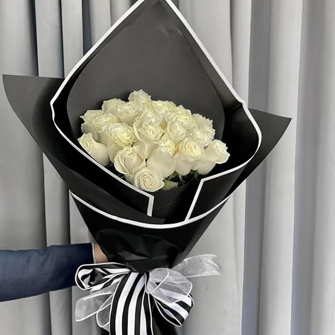 WRAPAHOLIC 20 Sheets Flower Wrapping Paper - 22.4 x 22.4 inch White Trim Black Water-Resistant Floral Bouquet Wrapping Paper, Florist Supplies Packaging Paper for Wedding Birthday Gift DIY