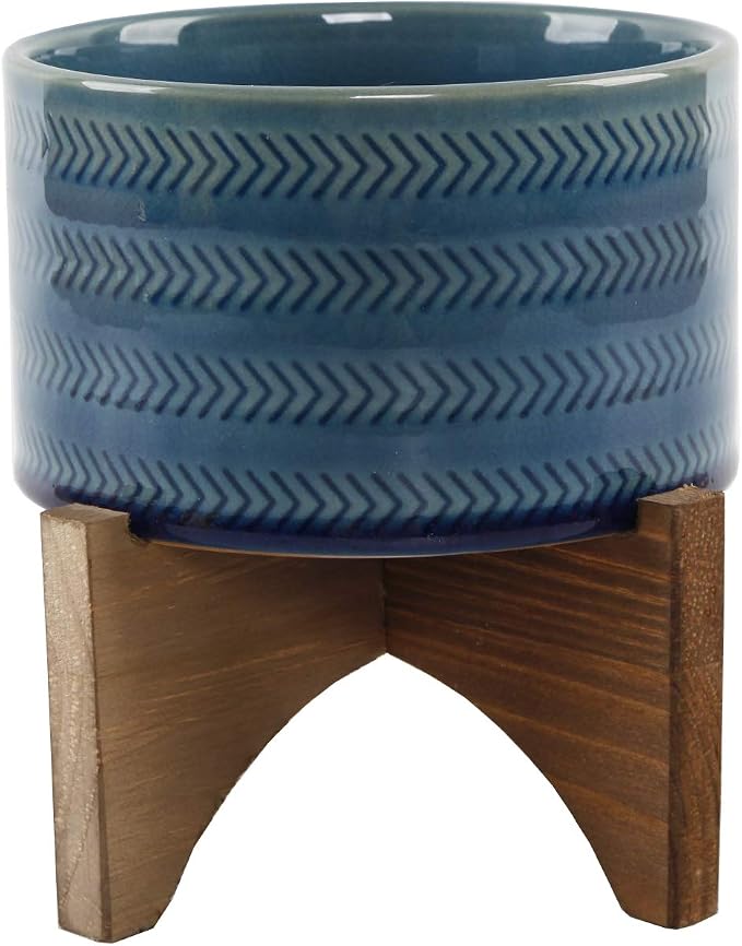 Flora Bunda 5 Inch Arrow Ceramic Planter on Wood Stand Mid Century,Glass Teal 5"