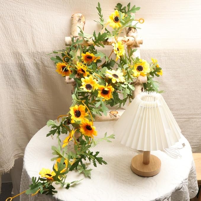Artificial Sunflower Vine 175cm, Fake Sunflowers Garland with Yellow Silk Flowers and Green Leaves for Wedding Party Home Decor, 2 Pack
