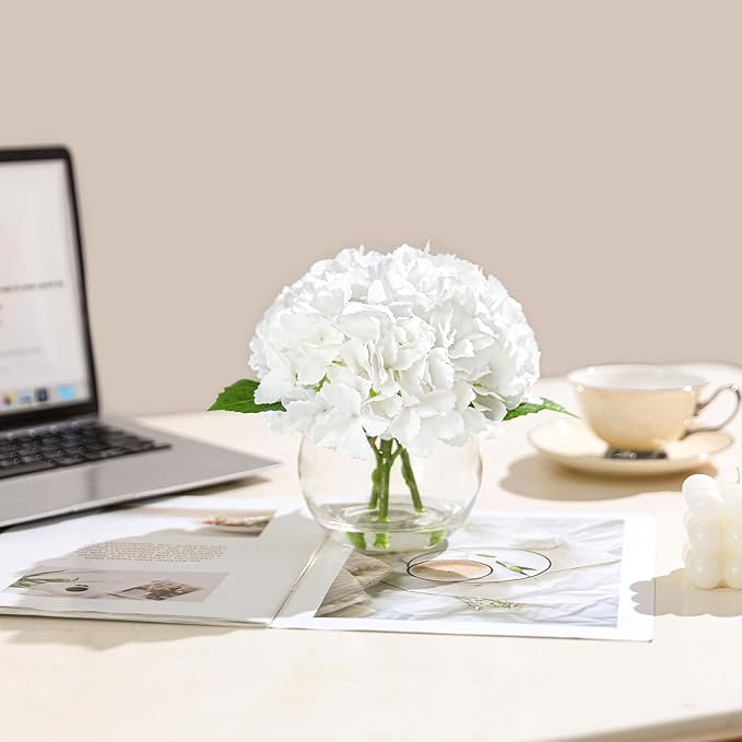Artificial Hydrangea with Fake Water in Vase, Real Touch Faux Flowers, Silk Fake Hydrangea Flower Arrangement with Faux Water for Home Office Bathroom Wedding Table Centerpiece Decor(White)