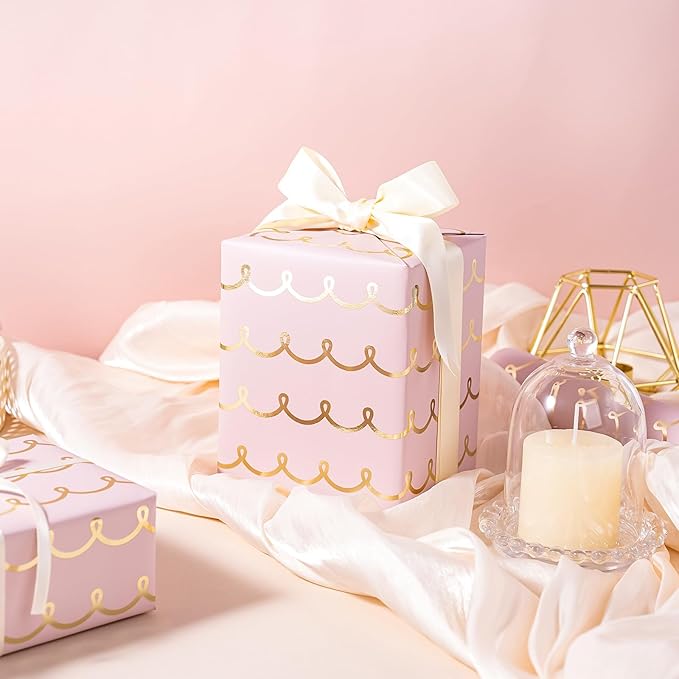 WRAPAHOLIC Pink Wrapping Paper Roll - Mini Roll - 17 Inch x 33 Feet - Metallic Foil Chic Classic Pink and Gold Wedding Wrapping Paper for Birthday, Wedding, Baby Shower, Valentine's Day