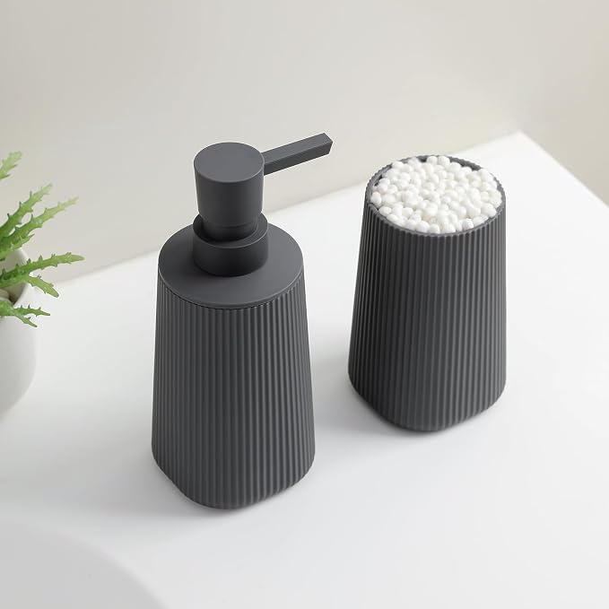 YAUKPH Bathroom Accessories Set 2 Piece Soap Dispenser and Toothbrush Holder for Bathroom Countertop Striped Gray