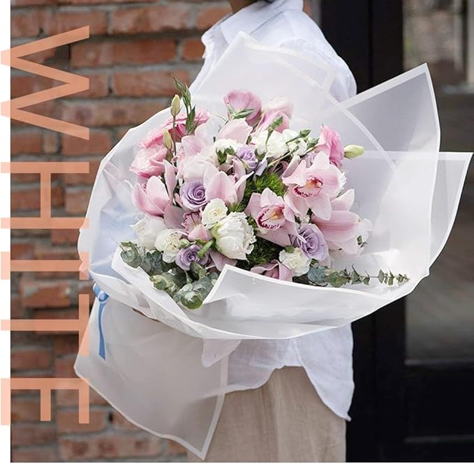 BBJ WRAPS White Wrapping Paper for Flowers, Frosted Flower Bouquet Wrapping Paper, Korean Paper for Bouquets, Valentine's Day Mother's Day Florist Supplies 20 Sheets (White)