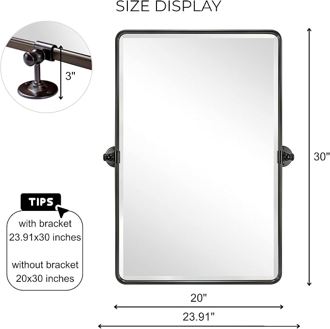 Farmhouse Pivot Rectangle Bathroom Mirror Oil Rubbed Bronze Metal Framed Tilting Beveled Vanity Mirrors for Wall, Overall 23.91 x 30 inches (Mirrror 20 x 30 inches)