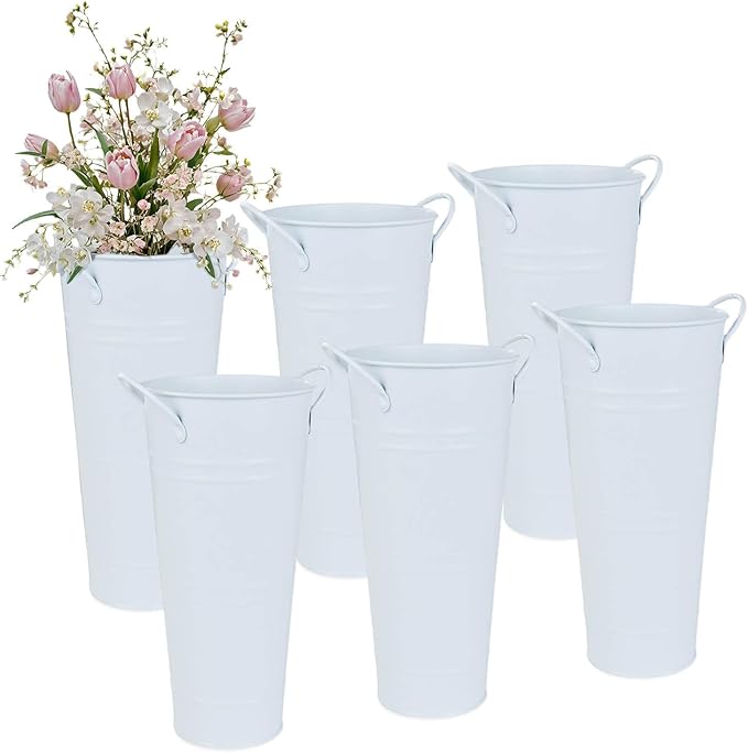 9 Inch Galvanized Metal Vases for Flowers - 6 Pcs Farmhouse Decorative Tall Flower Bucket with Handles, Rustic French Tin Planter Buckets for Wedding Decor (Pure White)