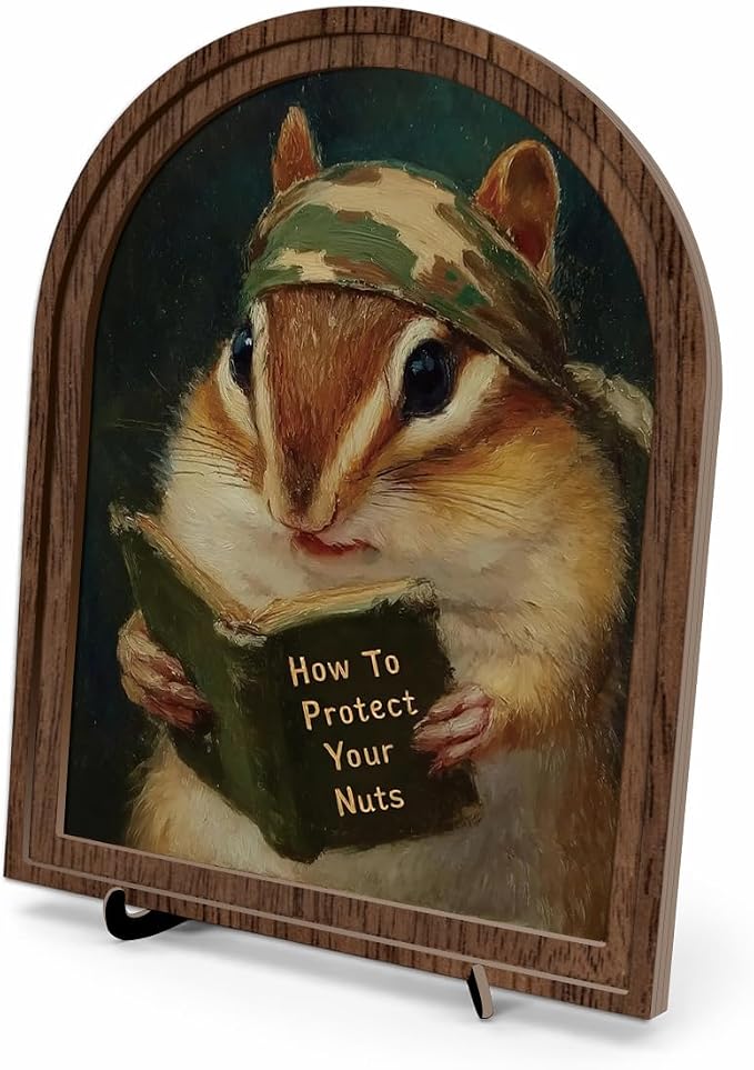 Wooden Tabletop Decor Funny Reading Chipmunk Art for Bookshelf Desk Shelf, Vintage Animal Sign with Rustic Frame, Home Office Decorative Accent