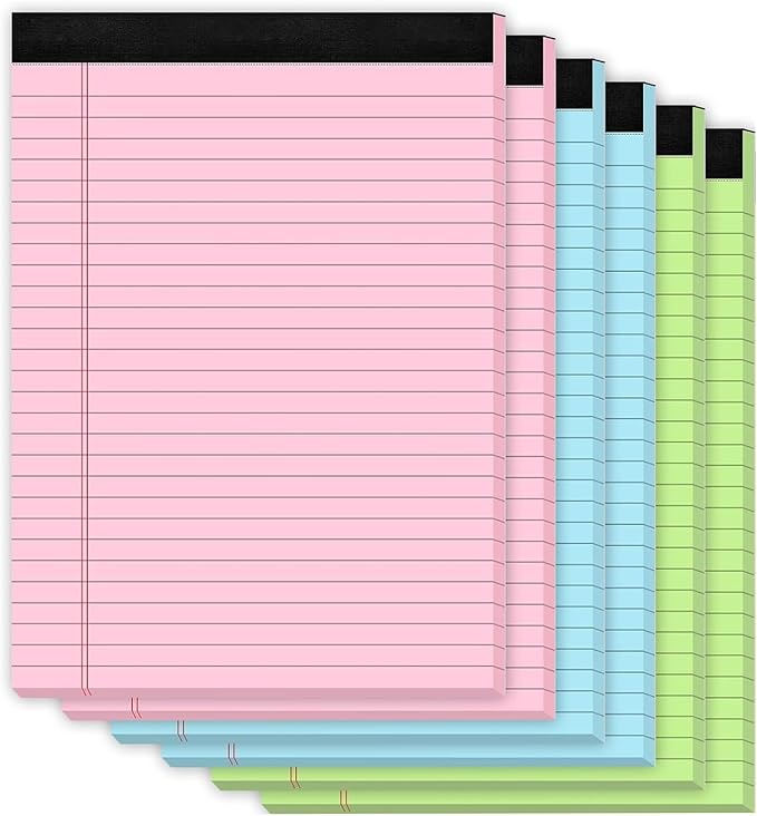6 Pack Legal Pads 8.5 x 11, Colored Legal Pads Wide Ruled, Colored Note Pads 8.5 x 11, 30 Sheets/Pad Lined Paper Pads, Multicolor Notepads, Easy-Tear Double-Sided Writing Pads for Office, School