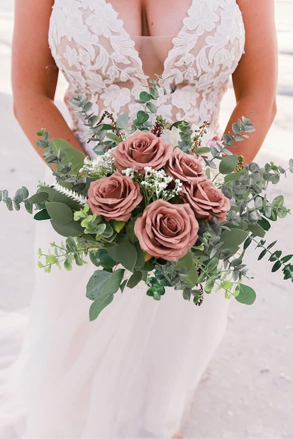 Artificial Rose Flower 12Pcs Dusty Rose Rose Fake Rose Silk Rose Real Looking Fake Flowers with Stems for DIY Wedding Bouquets Tables Centerpieces Floral Arrangements Festival Decoration