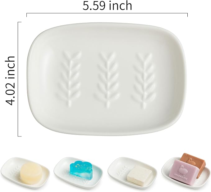 Miamolo Soap Dish Soap Holder Shower, Ceramic Soap Dishes for Bar Soap Sponge, Shower Soap Dish Soap Saver Tray for Bathroom Kitchen Sink, Easy to Clean, White (Pack of 2)