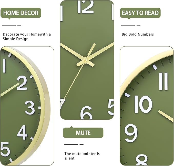 Wall Clocks Battery Operated 12 inch Modern Wall Clock,Silent Non Ticking Wall Clock for Living Room Bedroom Kitchen Office Classroom Decor (Green Gold)
