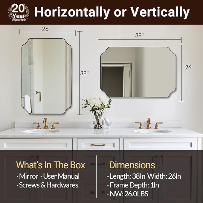 ANDY STAR 26x38 Inch Mirror for Bathroom, Brushed Nickel Scalloped Rectangle Mirror, Silver Bathroom Vanity Mirror in Rust-Proof Stainless Steel 1" Frame, Modern Scalloped Edge Design