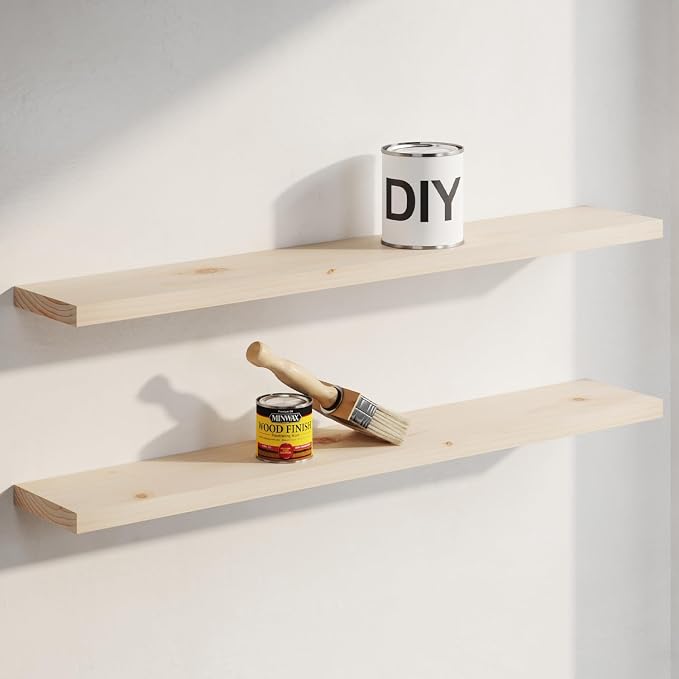 Homeforia Wood 48 inch Floating Shelf, High End Solid Natural Wood 48inch Floating Shelves for Wall Mounted, Unfinished Wooden Large Floating Shelves, Heavy Duty Bracket, 48 X 6.5 X 1.75 in, Set of 2