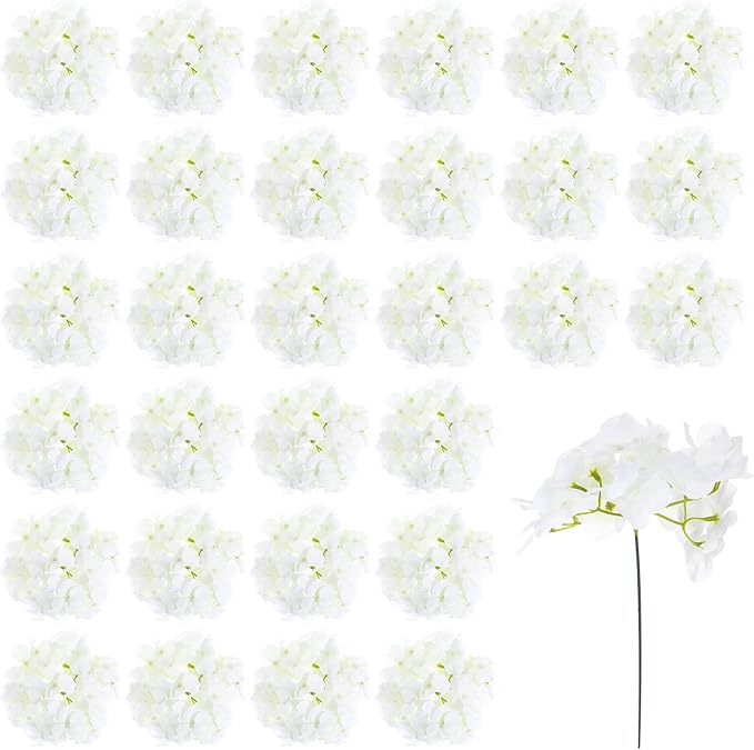 30 Pcs Faux Silk Hydrangea Flowers, Artificial Hydrangea Flower Heads with Stems, Realistic Fake Artificial Floral for Wedding Bouquet Table Centerpieces, Home Décor, Garden Party