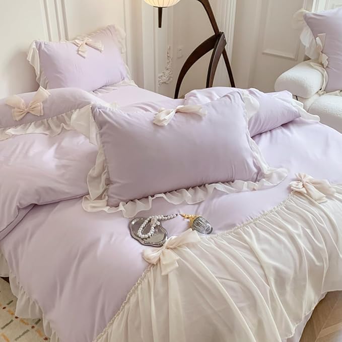 Chic Lace Bedding,Girls Twin Aesthetic Comforter Cover Set,Romantic French Princess Style Ruffled Duvet Cover with Lovely Bow with Zipper Closure-Purple,Twin
