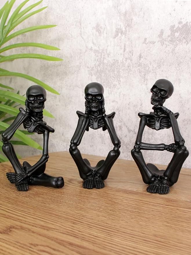 Black Skeleton Decor Set of 3, Thinker Skeleton Figurines for Home Decor, Gothic Shelf Decor Aesthetic, Resin Halloween Decorations for Bookshelf, Desk, Coffee Table