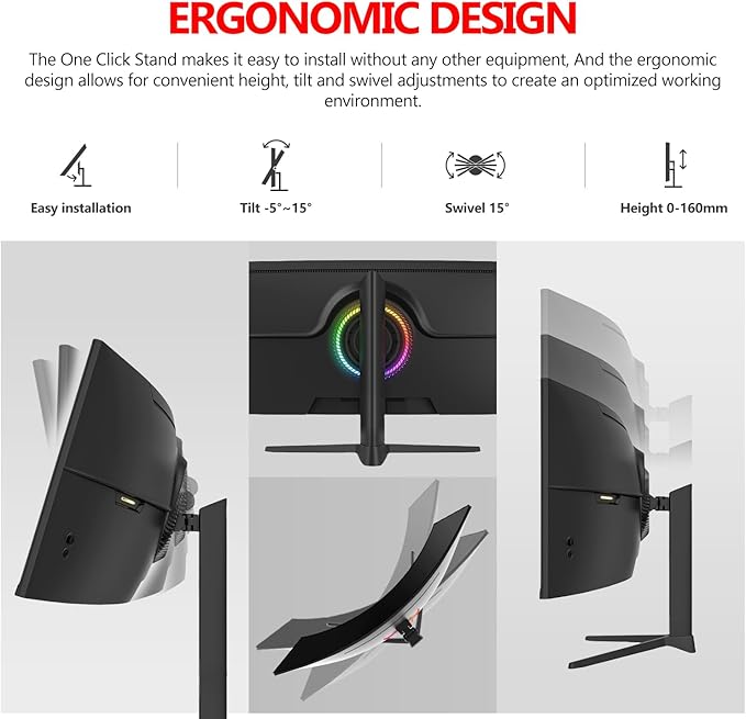 Gawfolk 49 Inch Curved Gaming Monitor, 5120x1440 Dual QHD, 120Hz, 1500R, AMD FreeSync, 32:9, Height Adjustable Ultra-Wide Computer Screen for Multitasking