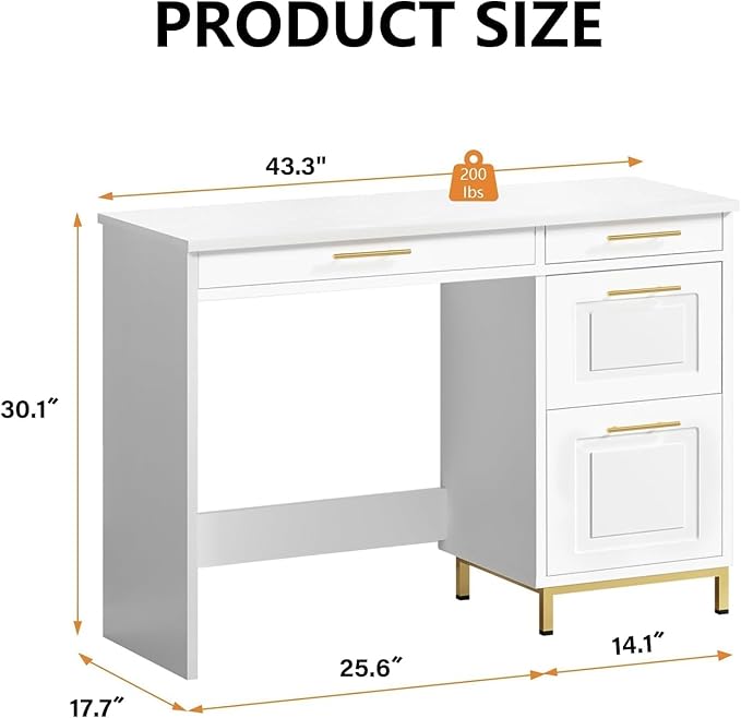 4 EVER WINNER White Desk with Drawers and Golden Handle, 43 Inch Small Desk with 4 Storage Drawers, Computer Desk with Storage Shelves for Home Office, White and Gold