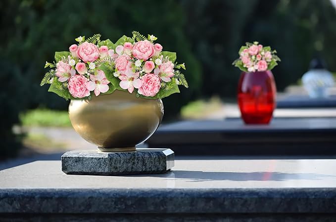 Hollyone Set of 2 Artificial Cemetery Flower for Graves Cemetery Memorial Flowers for Outdoor Grave Decorations Silk Flower Arrangements Pink Rose Peonies Lily Floral Flowers Bouquets