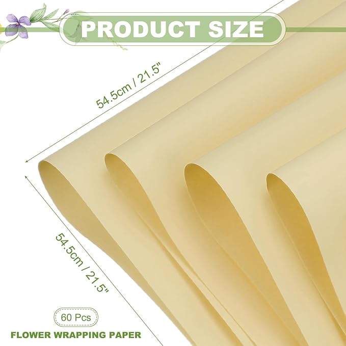 uxcell 60 Sheets Flower Wrapping Paper, 21.5" x 21.5" Waterproof Floral Bouquet Wrapping Papers Florist Supplies for Wedding Party Gift Packaging DIY Crafts, Khaki