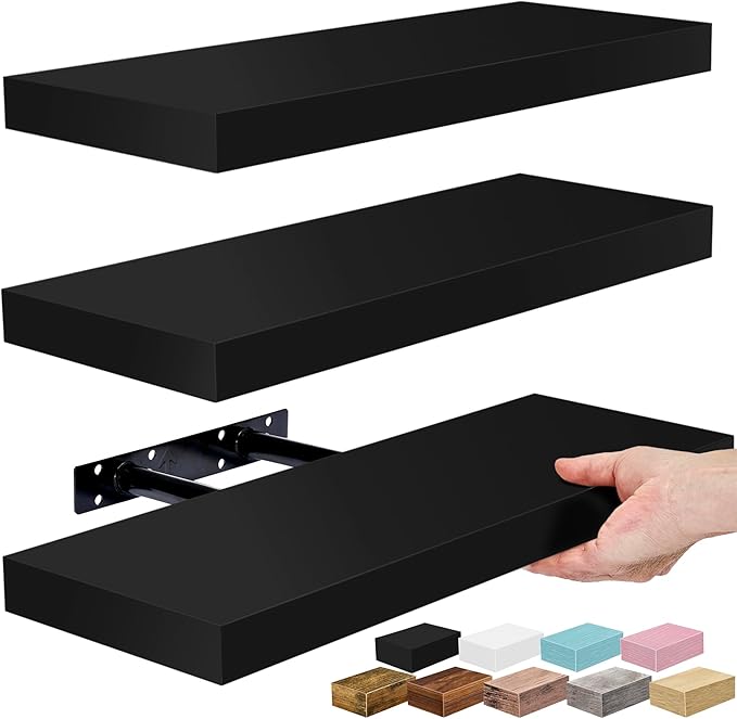 Sorbus Floating Shelves for Wall – 16 Inch Floating Shelf for Kitchen, Bedroom, Living Room, Bathroom, Home & Wall Decor - Mounted Bathroom Shelves with Invisible Brackets (Black, 3 Pack)