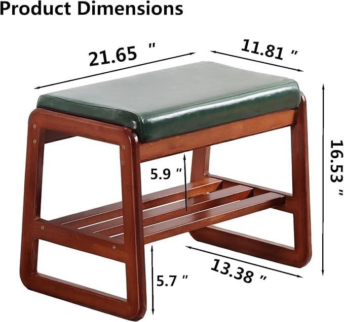 SOBIBO Solid Wood Shoe Bench, 2-Tier Wooden Entryway Bench, Modern Shoe Rack with Faux Leather Cushion for Hallway, Living Room (Green, 21.65'')