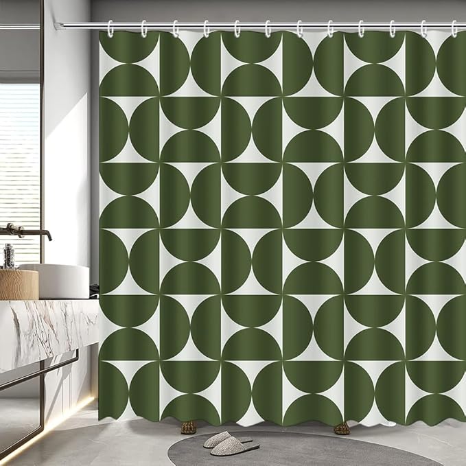 MEHOFOND Vintage Green Shower Curtain Modern Mid Century Abstract Geometric Bathroom Curtain Boho Retro Classic 1950S 60S Bathtub Decor Fabric Waterproof Bath Curtain with 12 Hook 72x72 Inch